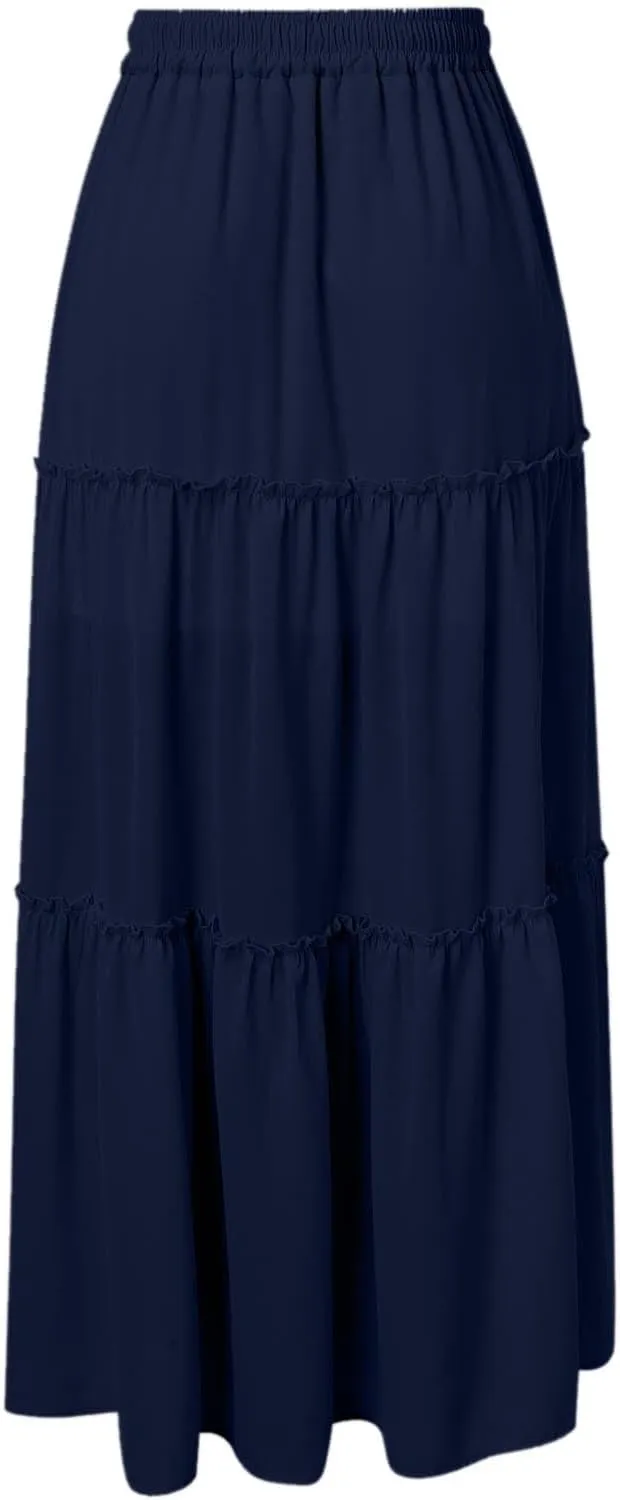 Maxi Skirts for Women Flowy Boho with Pockets Drawstring Elastic High Waist A-Line Ruffle Tiered Summer Long Skirts