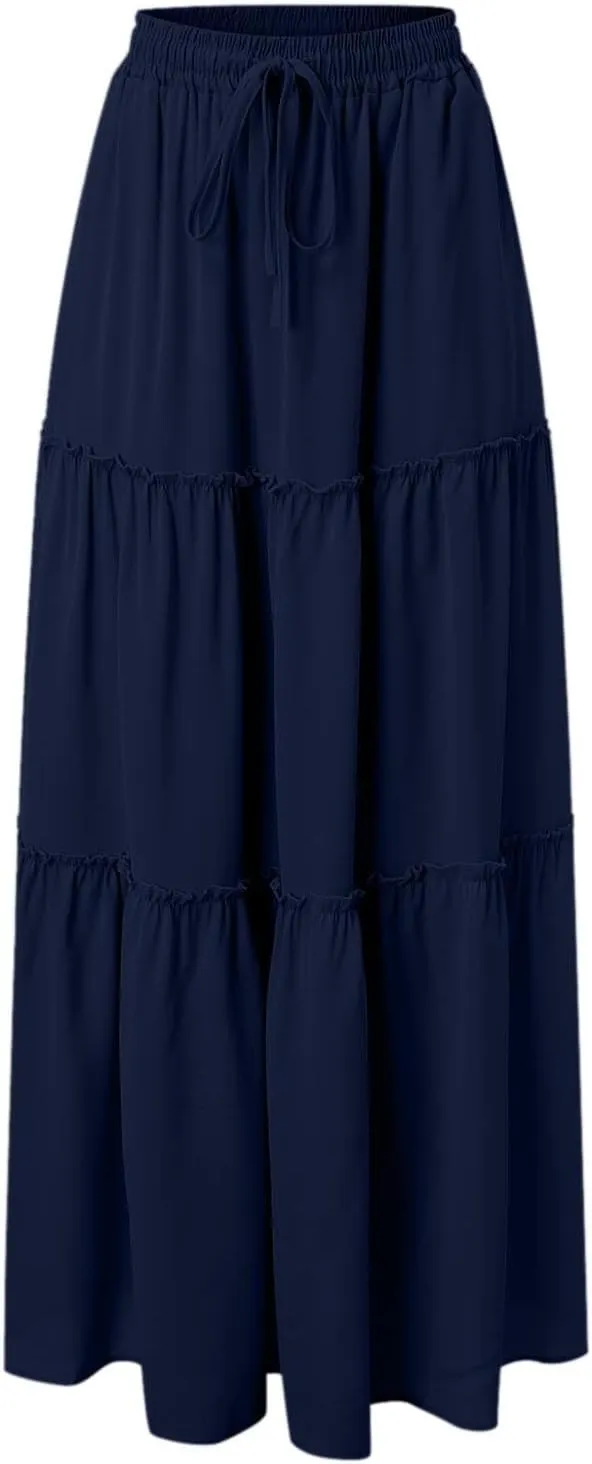 Maxi Skirts for Women Flowy Boho with Pockets Drawstring Elastic High Waist A-Line Ruffle Tiered Summer Long Skirts