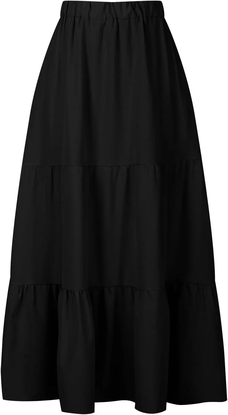 Maxi Skirts for Women Stretch Flowy Tiered Pleated Skirt Elastic Waist Summer Bohemian Ruched Skirts with Pockets