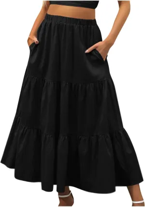 Maxi Skirts for Women Stretch Flowy Tiered Pleated Skirt Elastic Waist Summer Bohemian Ruched Skirts with Pockets