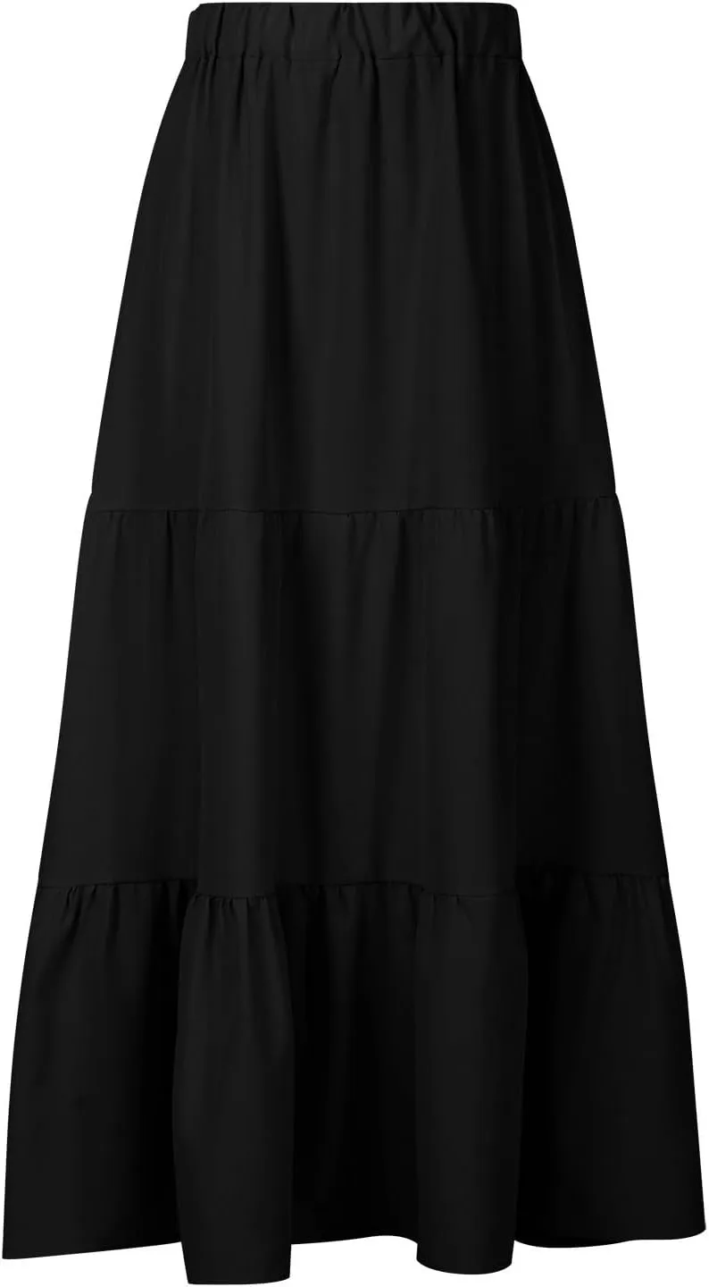 Maxi Skirts for Women Stretch Flowy Tiered Pleated Skirt Elastic Waist Summer Bohemian Ruched Skirts with Pockets