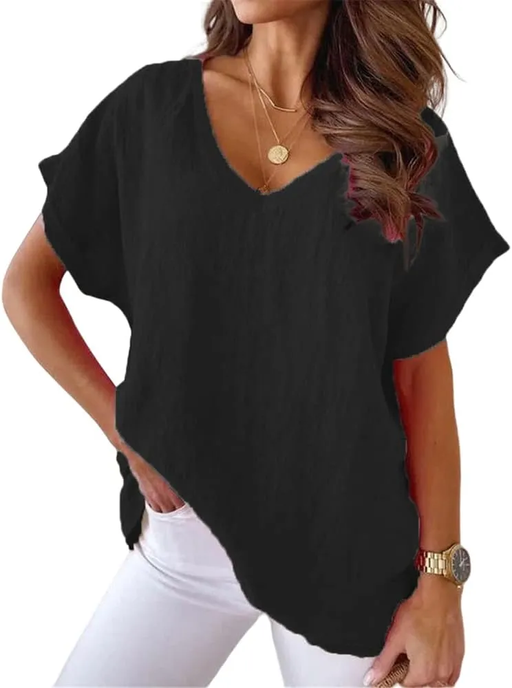 Mayntop Women Plus Size Cotton Linen Solid Color/Print Loose Summer V-Neck T-Shirt Top Short Sleeve Blouse