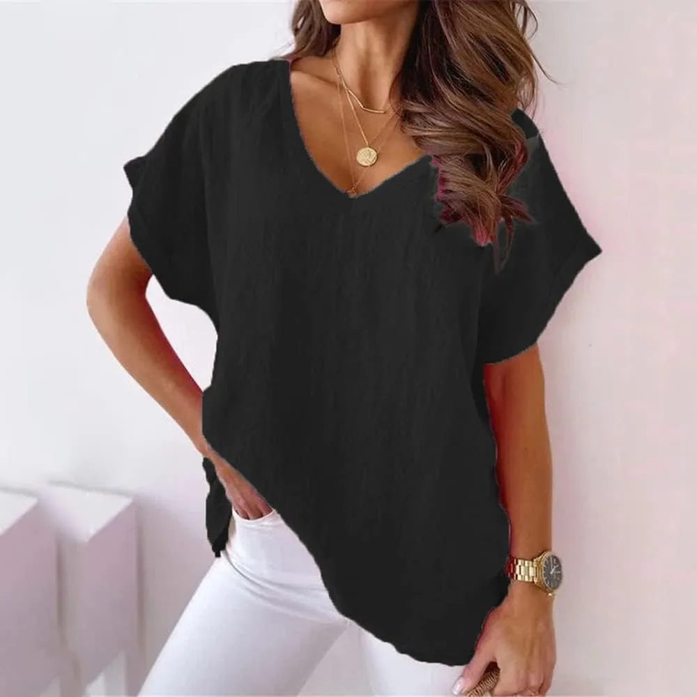 Mayntop Women Plus Size Cotton Linen Solid Color/Print Loose Summer V-Neck T-Shirt Top Short Sleeve Blouse