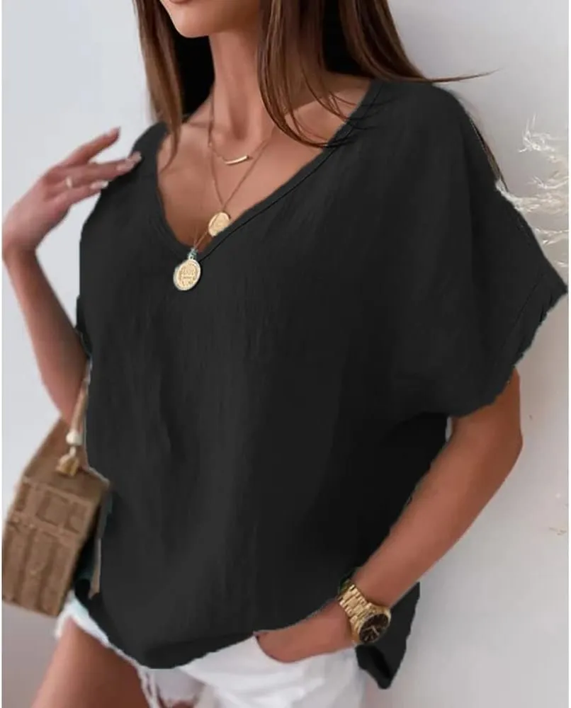 Mayntop Women Plus Size Cotton Linen Solid Color/Print Loose Summer V-Neck T-Shirt Top Short Sleeve Blouse