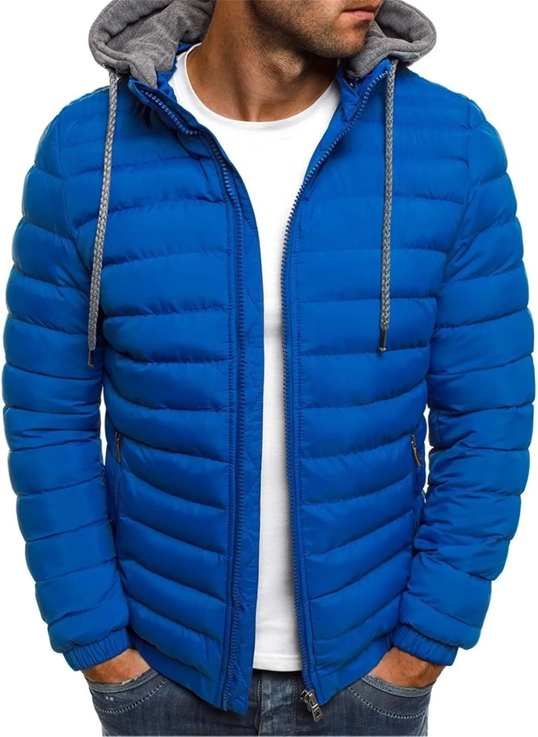 Men Puffer Hooded Jackets Winter Coats Zip Up Jacket Quilted Padded Overcoat Warm Down Outwear Drawstring Pocket Coat