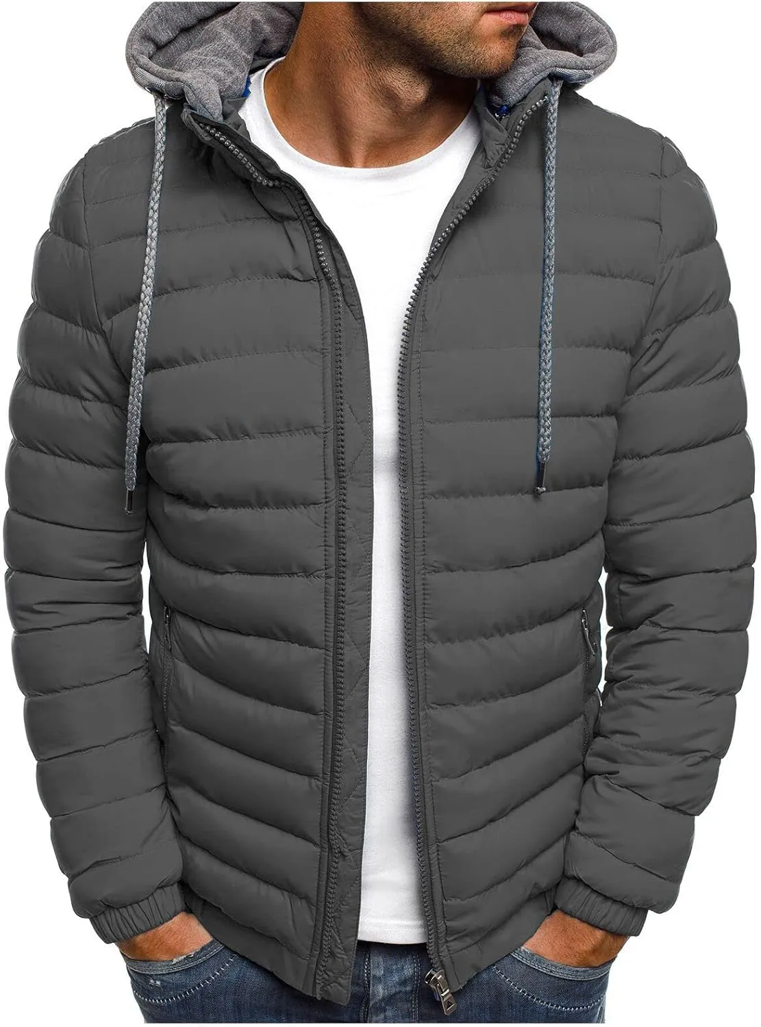 Men Puffer Hooded Jackets Winter Coats Zip Up Jacket Quilted Padded Overcoat Warm Down Outwear Drawstring Pocket Coat