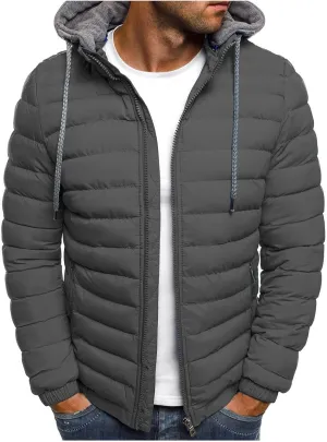 Men Puffer Hooded Jackets Winter Coats Zip Up Jacket Quilted Padded Overcoat Warm Down Outwear Drawstring Pocket Coat