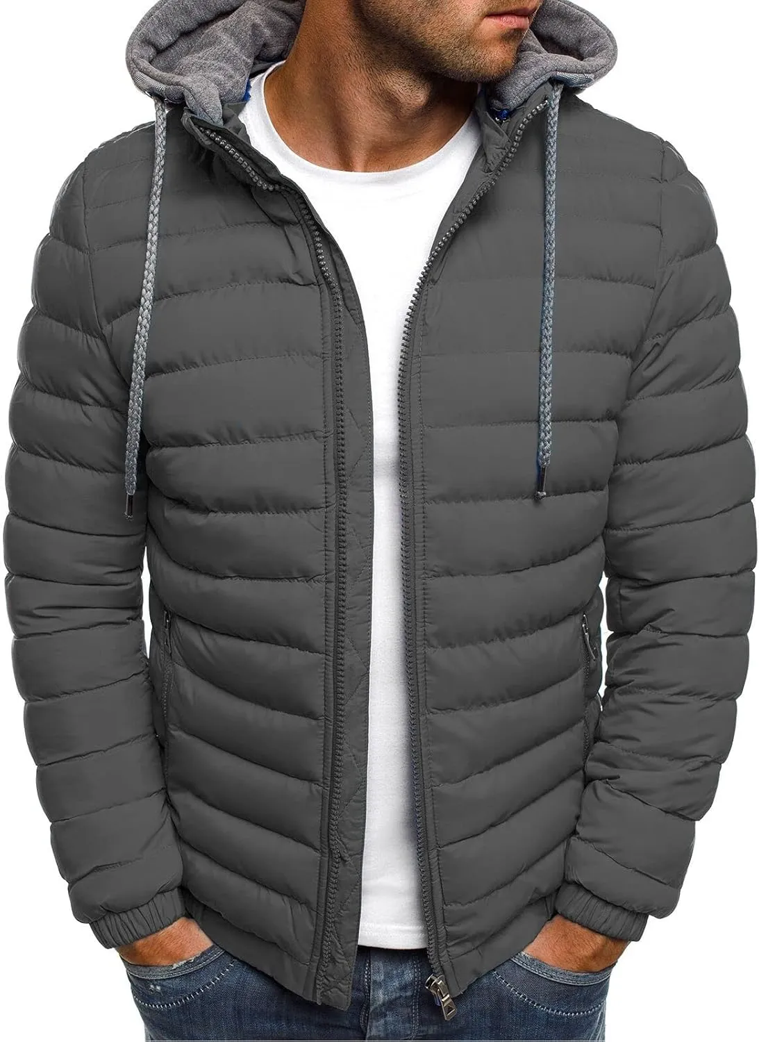 Men Puffer Hooded Jackets Winter Coats Zip Up Jacket Quilted Padded Overcoat Warm Down Outwear Drawstring Pocket Coat