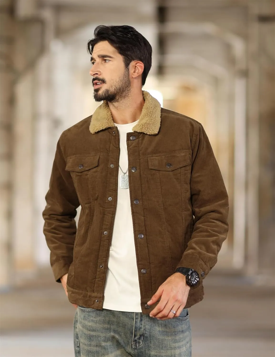Men Winter Coats Lapel Sherpa Lined Jackets,Button Trucker Lapel Work Cargo Jackets for Men