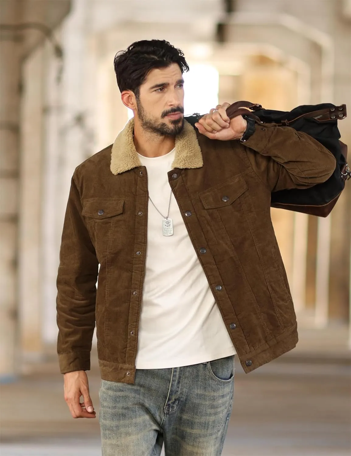 Men Winter Coats Lapel Sherpa Lined Jackets,Button Trucker Lapel Work Cargo Jackets for Men