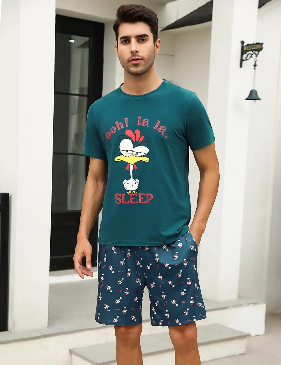 Men's Cotton Pajamas Sets V Neck Lounge Set Sleepwears with Pocket