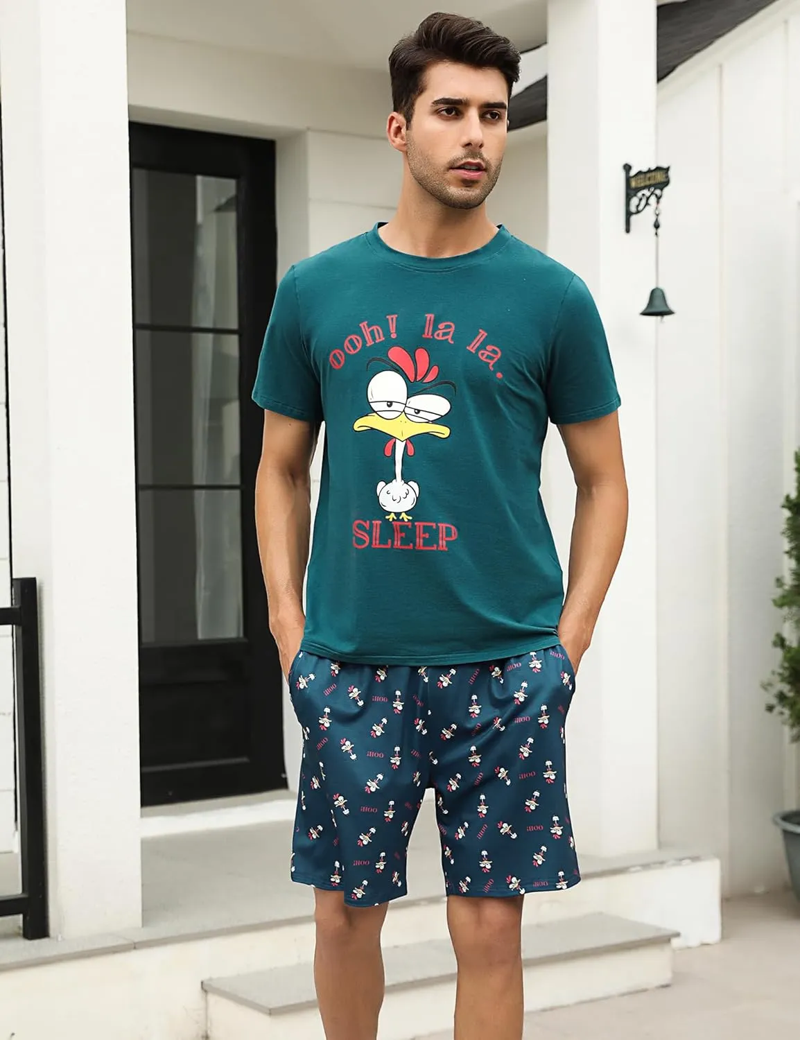 Men's Cotton Pajamas Sets V Neck Lounge Set Sleepwears with Pocket