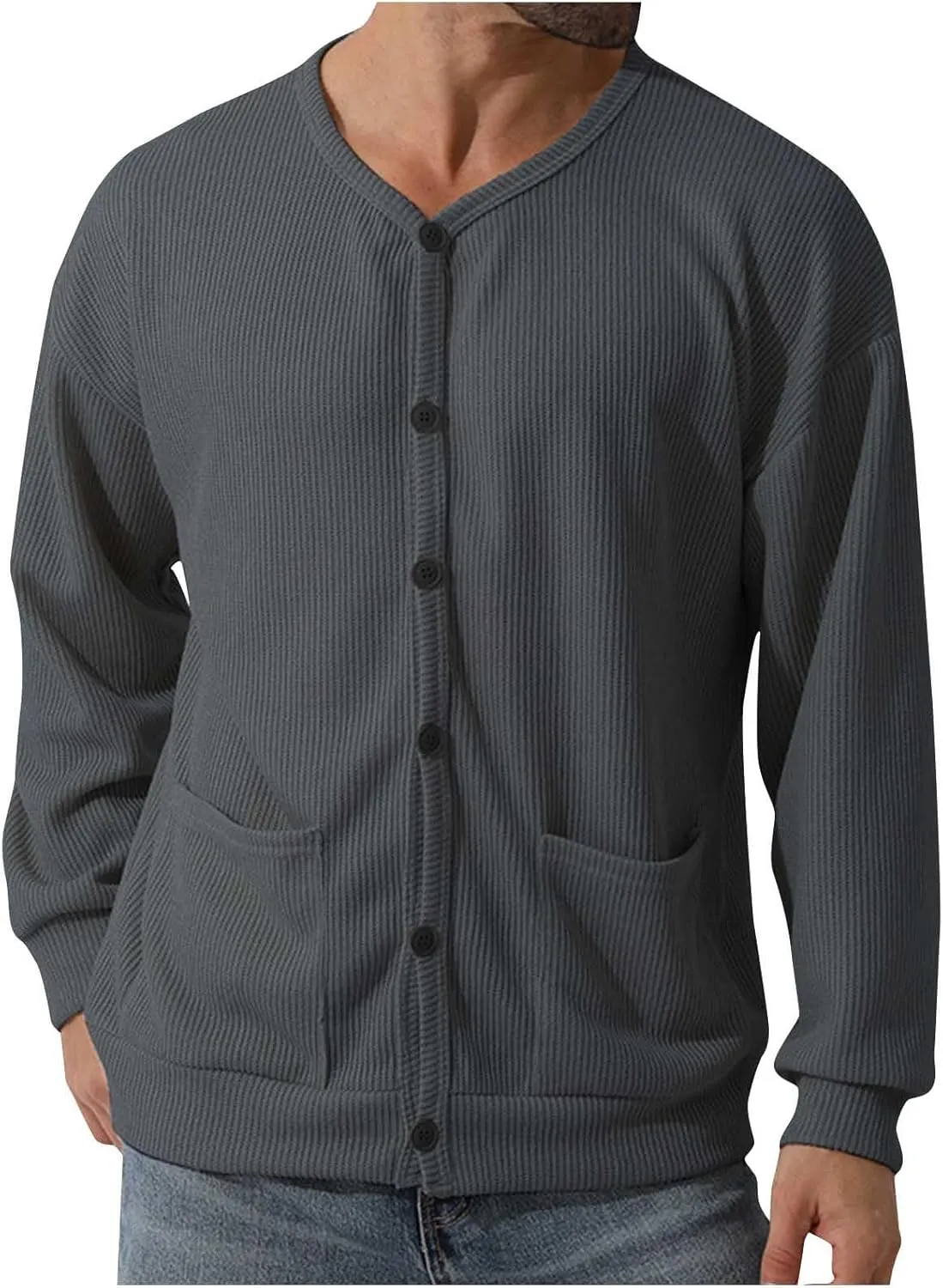 Men's Cotton Shawl-Collar Cardigan Sweater Long Sleeve Crewneck Button Down Outerwear Sweater Coat with Pockets