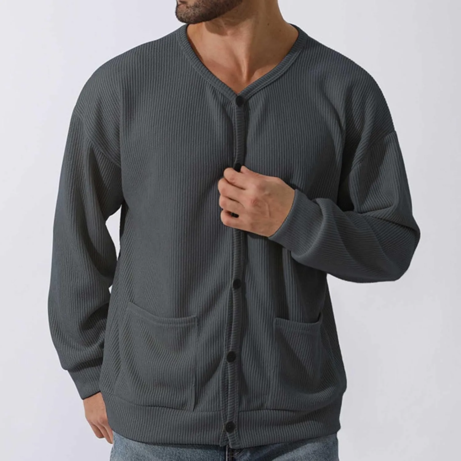 Men's Cotton Shawl-Collar Cardigan Sweater Long Sleeve Crewneck Button Down Outerwear Sweater Coat with Pockets
