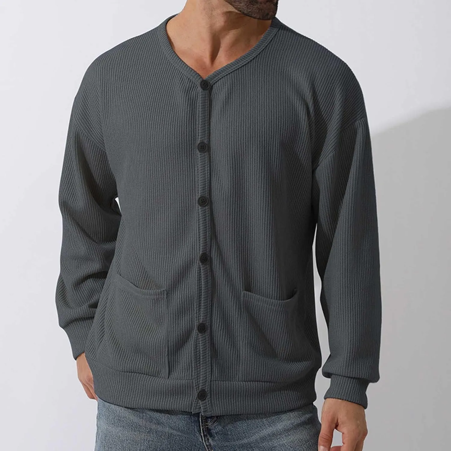 Men's Cotton Shawl-Collar Cardigan Sweater Long Sleeve Crewneck Button Down Outerwear Sweater Coat with Pockets