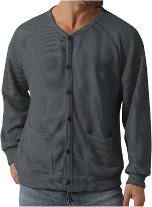 Men's Cotton Shawl-Collar Cardigan Sweater Long Sleeve Crewneck Button Down Outerwear Sweater Coat with Pockets