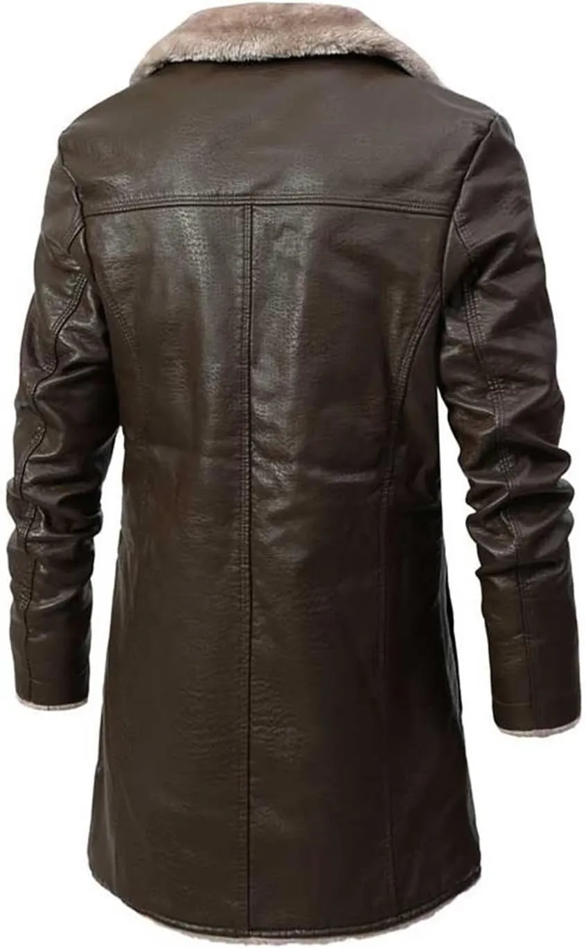 Men's Faux Leather Jacket Thick Faux Fur Shearling Lapel Collar Botton Down Long Trench Coats Long Pu Leather Jacket