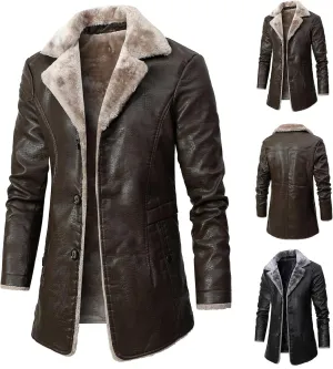 Men's Faux Leather Jacket Thick Faux Fur Shearling Lapel Collar Botton Down Long Trench Coats Long Pu Leather Jacket
