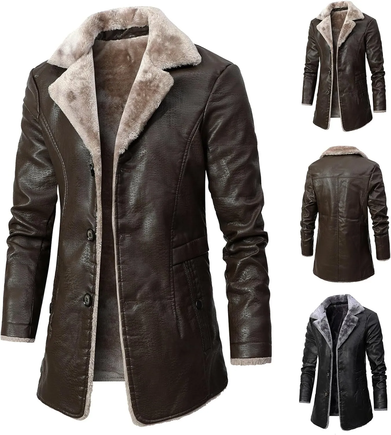 Men's Faux Leather Jacket Thick Faux Fur Shearling Lapel Collar Botton Down Long Trench Coats Long Pu Leather Jacket
