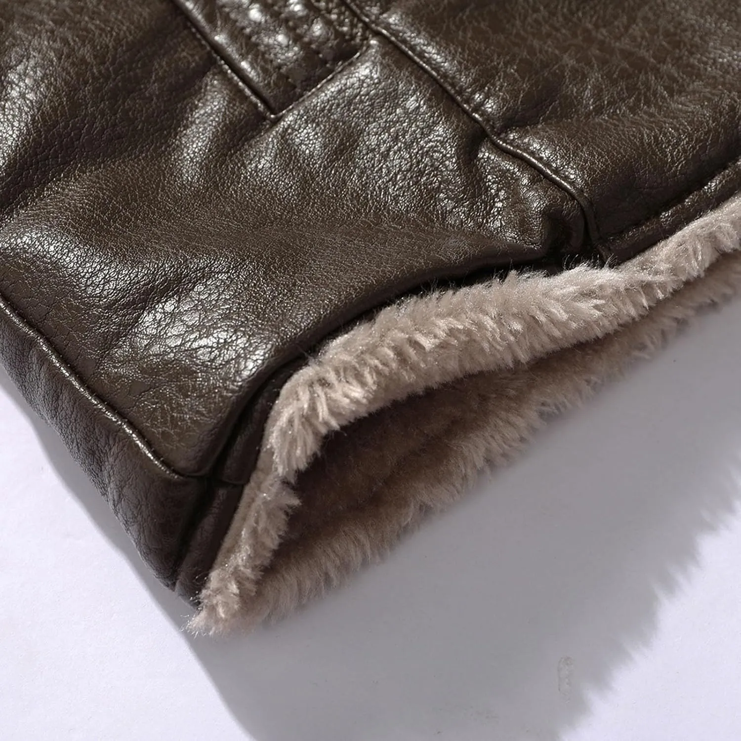 Men's Faux Leather Jacket Thick Faux Fur Shearling Lapel Collar Botton Down Long Trench Coats Long Pu Leather Jacket