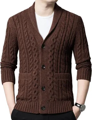 Mens Fit Long Sleeve Casual Cardigans Button Down Cable Knitted Sweater with Pockets Winter Chunky Open Sweaters