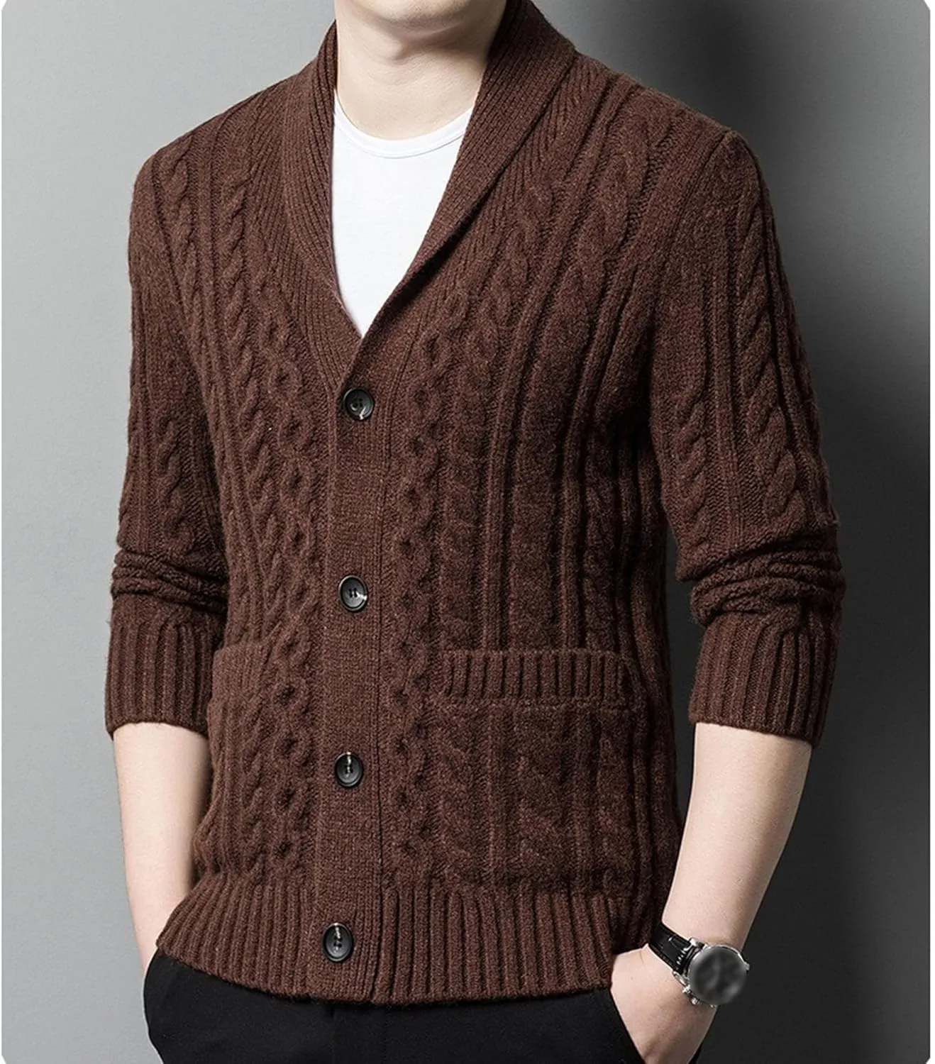 Mens Fit Long Sleeve Casual Cardigans Button Down Cable Knitted Sweater with Pockets Winter Chunky Open Sweaters