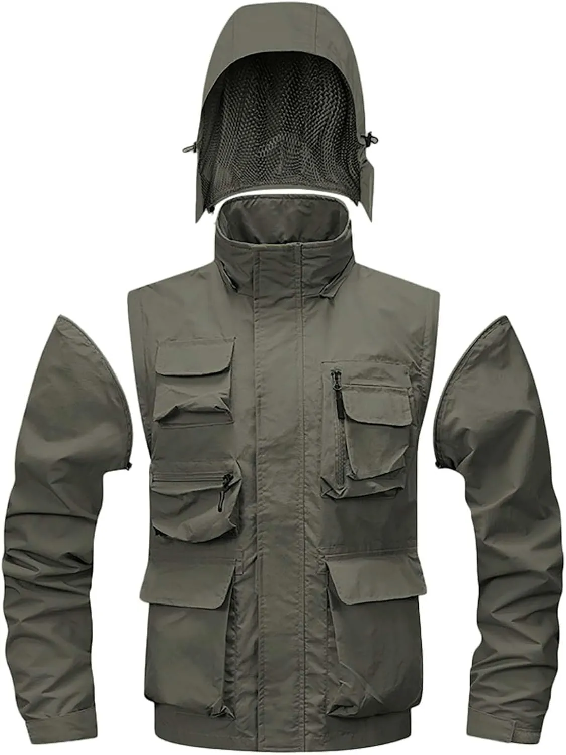 Mens Lightweight Hiking Windproof Jacket Detachable Hood Sleeve Waterproof Hooded Rain Jackets Outdoor Work Jackets