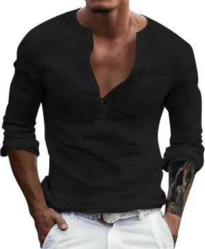 Mens Linen Shirts 3/4 Sleeve Casual V Neck Tropical Polo Shirt Lightweight Loose Tropical Hawaiian Beach Beach Top