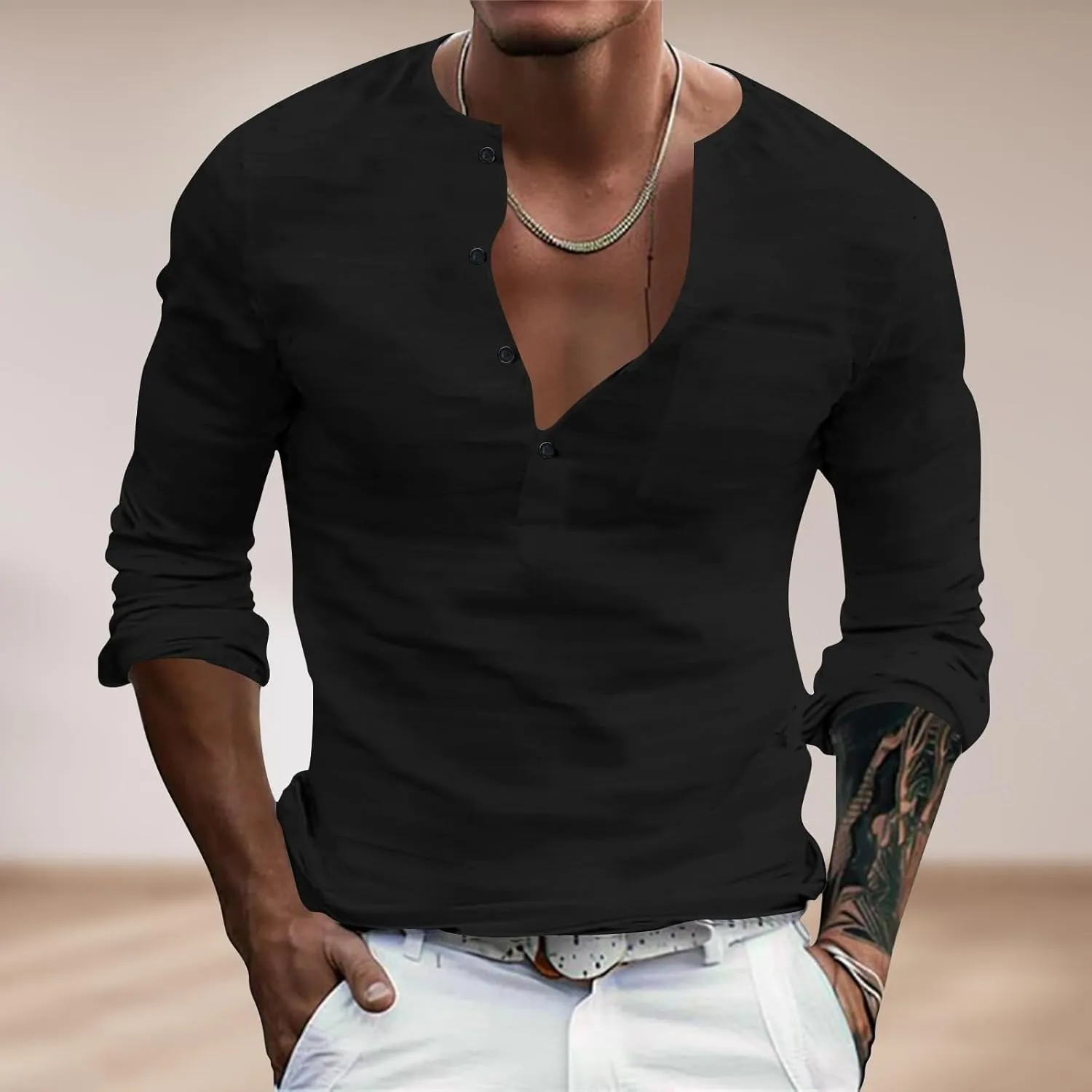 Mens Linen Shirts 3/4 Sleeve Casual V Neck Tropical Polo Shirt Lightweight Loose Tropical Hawaiian Beach Beach Top