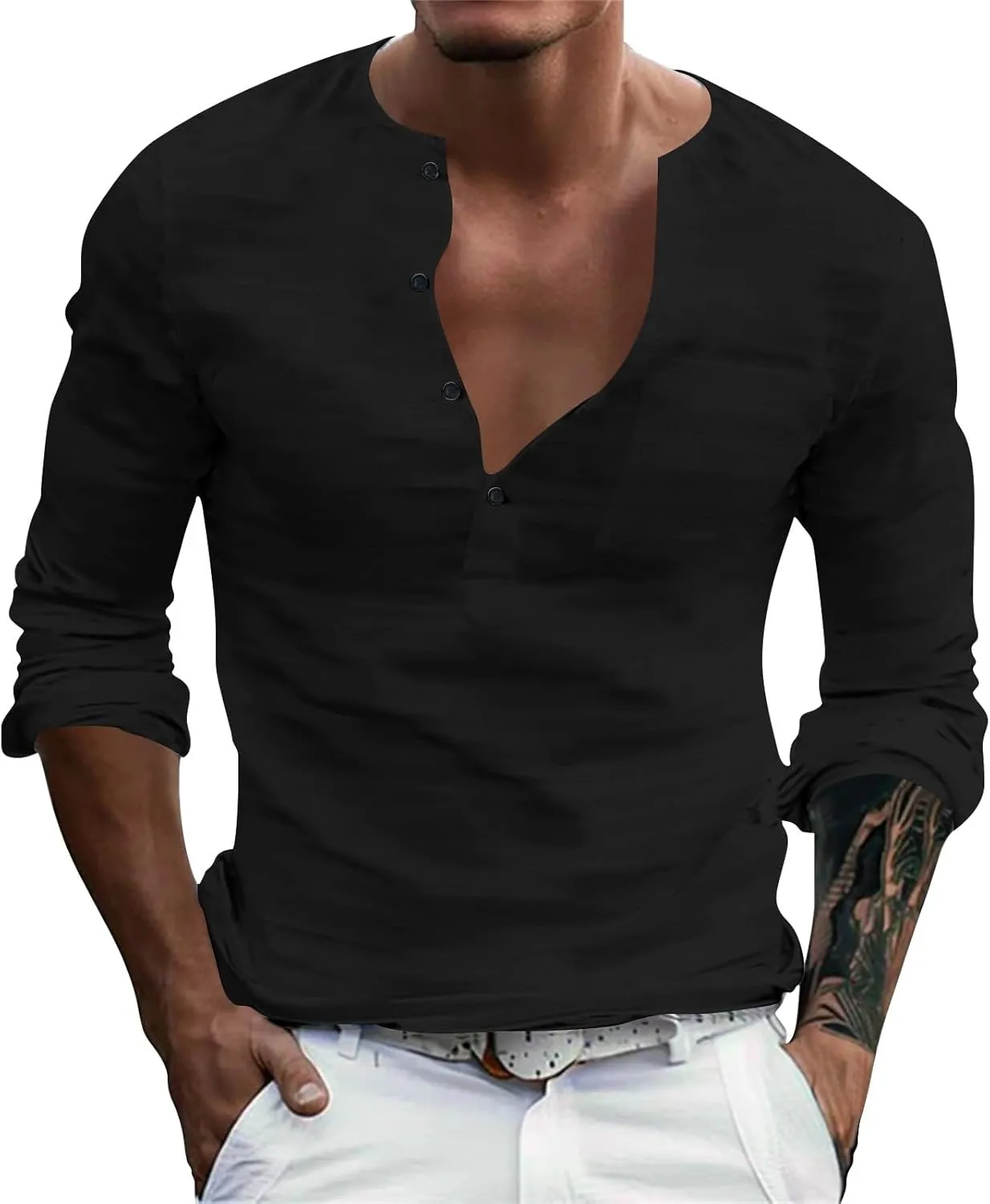 Mens Linen Shirts 3/4 Sleeve Casual V Neck Tropical Polo Shirt Lightweight Loose Tropical Hawaiian Beach Beach Top