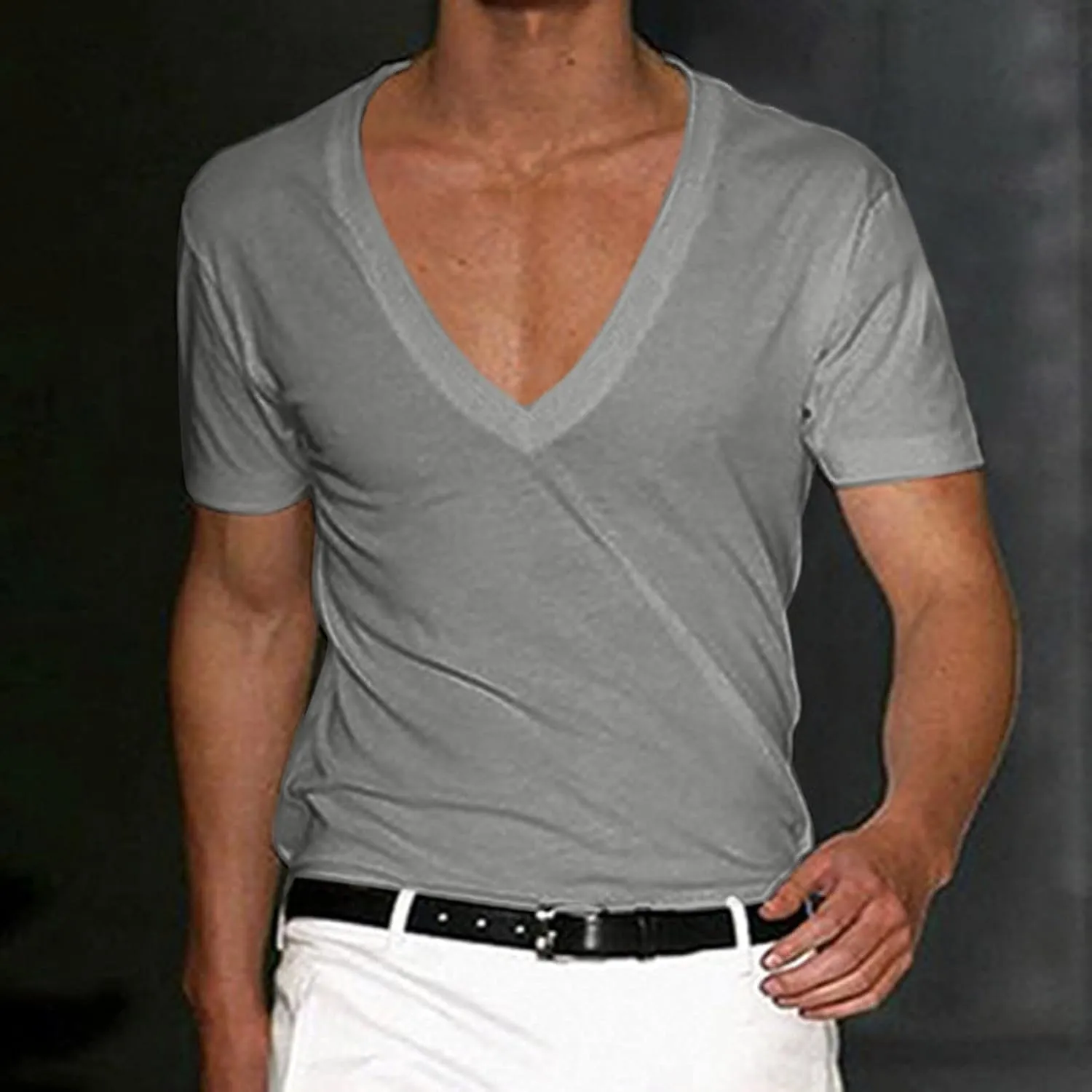 Men's Muscle T-Shirts Stretch Slim V Neck Short Sleeve Bodybuilding Gym Tee Tops Lightweight Quick Dry Workout Shirts