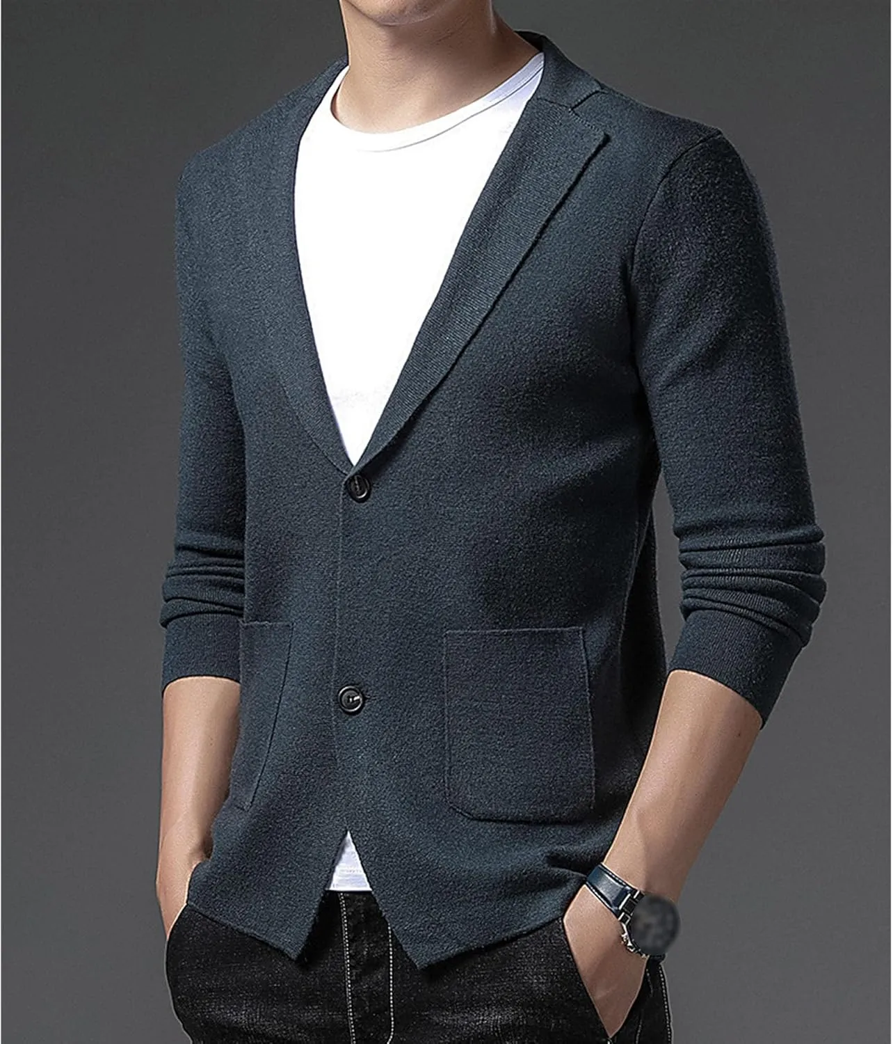 Mens Notched Lapel Cotton Cardigan Casual Knitted Comfor Clothes Coat Button Down Sweater Blazer Pockets