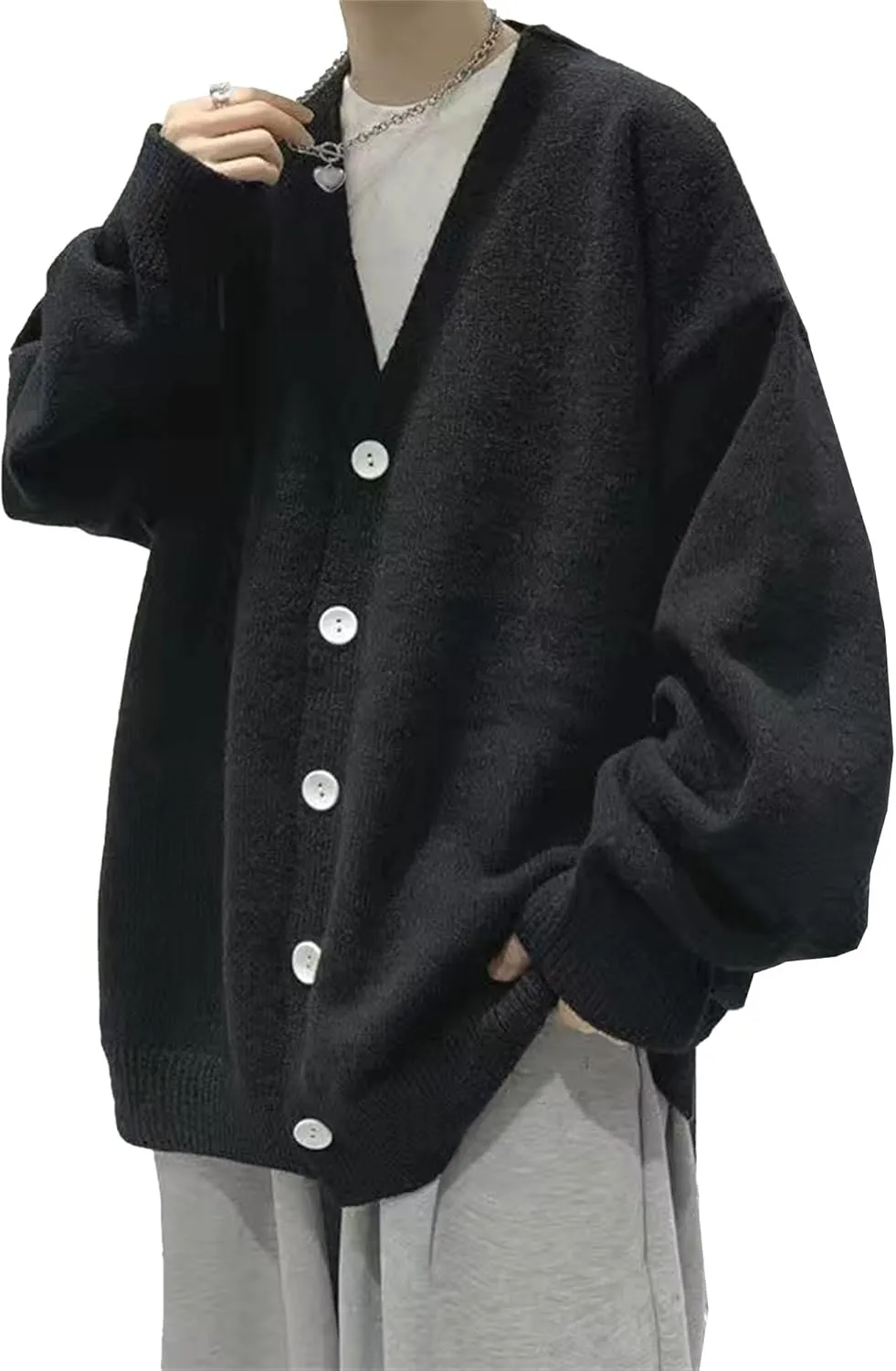 Men's Oversized Casual Button Down Cardigan V Neck Button Up Knit Jacket Vintage Solid Knitwear Cardigan