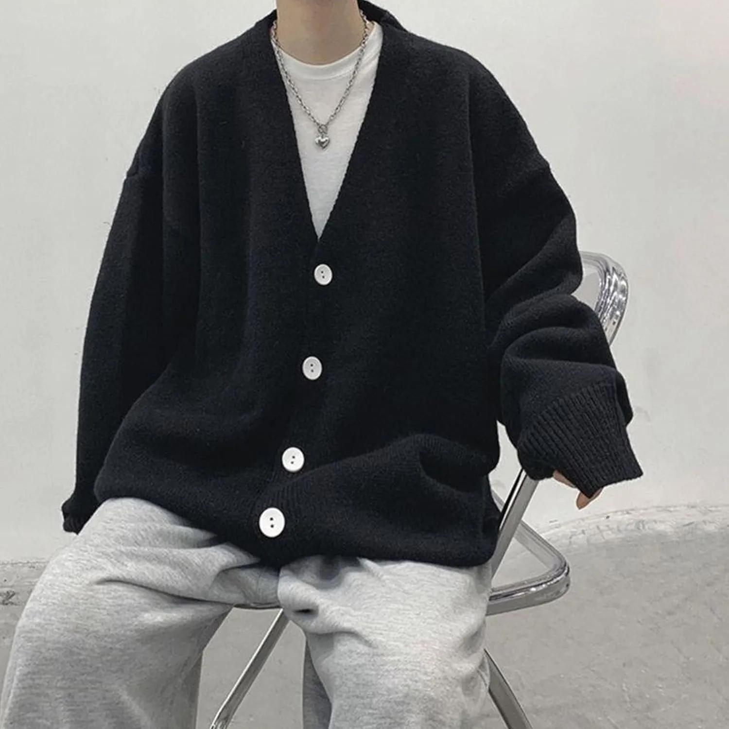 Men's Oversized Casual Button Down Cardigan V Neck Button Up Knit Jacket Vintage Solid Knitwear Cardigan