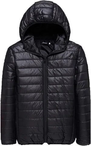 Mens Puffer Jacket Down Jacket Packable Lightweight Jacket Long Sleeve Zip Up Fuzzy Winter Jackets with Hood
