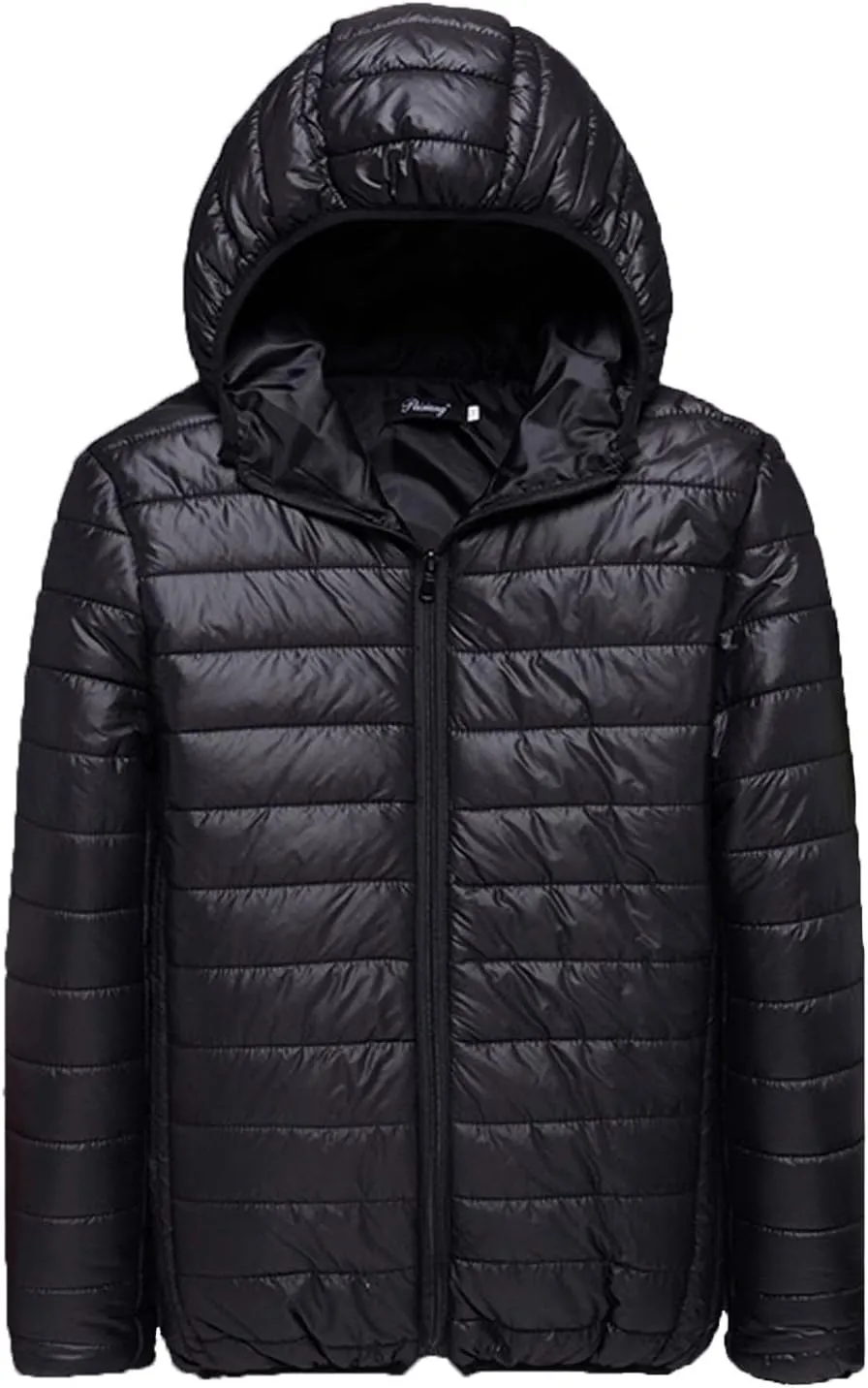 Mens Puffer Jacket Down Jacket Packable Lightweight Jacket Long Sleeve Zip Up Fuzzy Winter Jackets with Hood