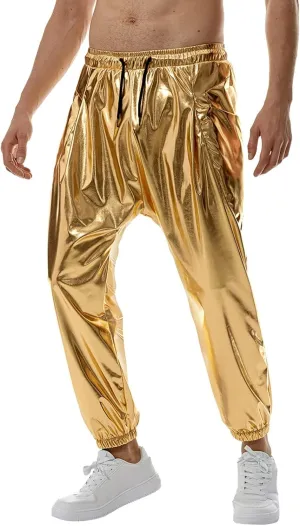 Men's Shiny Faux Leather Pants Drawstring Straight Leg Trousers Metallic Gold Disco Nightclub Pants with Pockets