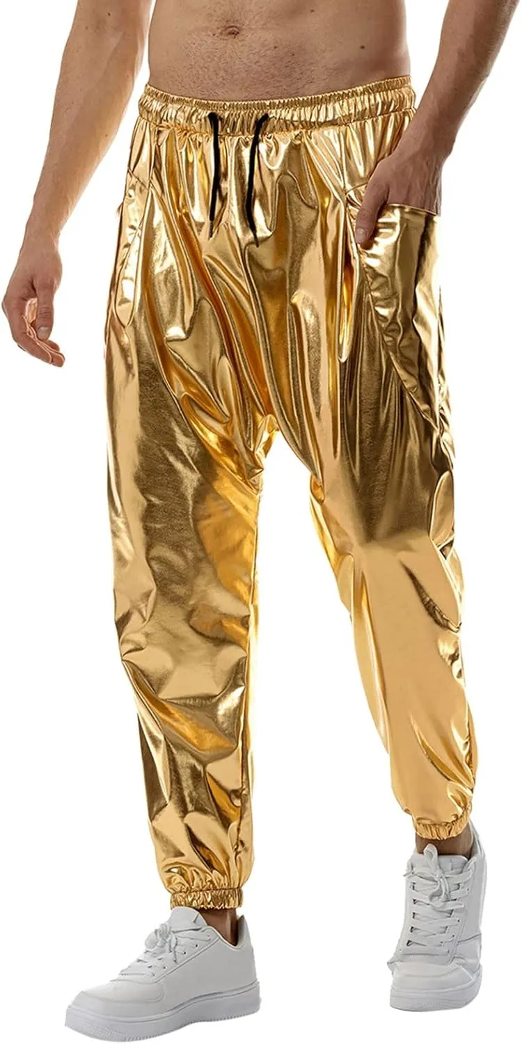 Men's Shiny Faux Leather Pants Drawstring Straight Leg Trousers Metallic Gold Disco Nightclub Pants with Pockets