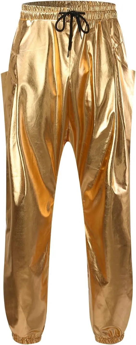 Men's Shiny Faux Leather Pants Drawstring Straight Leg Trousers Metallic Gold Disco Nightclub Pants with Pockets
