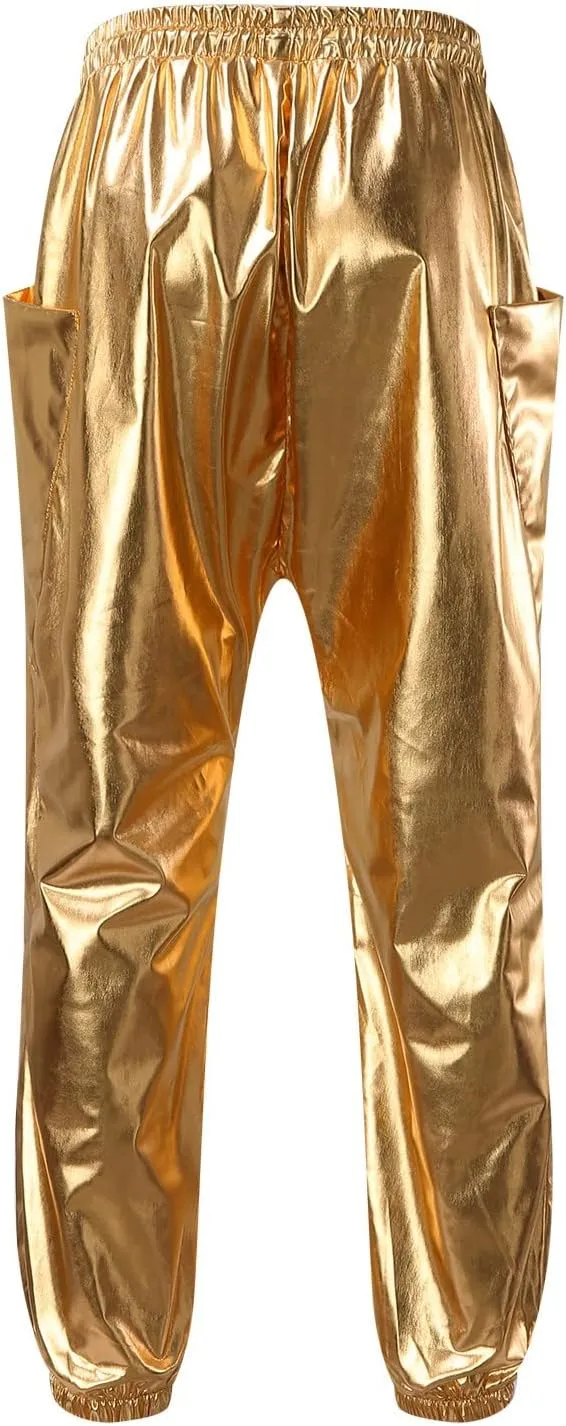 Men's Shiny Faux Leather Pants Drawstring Straight Leg Trousers Metallic Gold Disco Nightclub Pants with Pockets