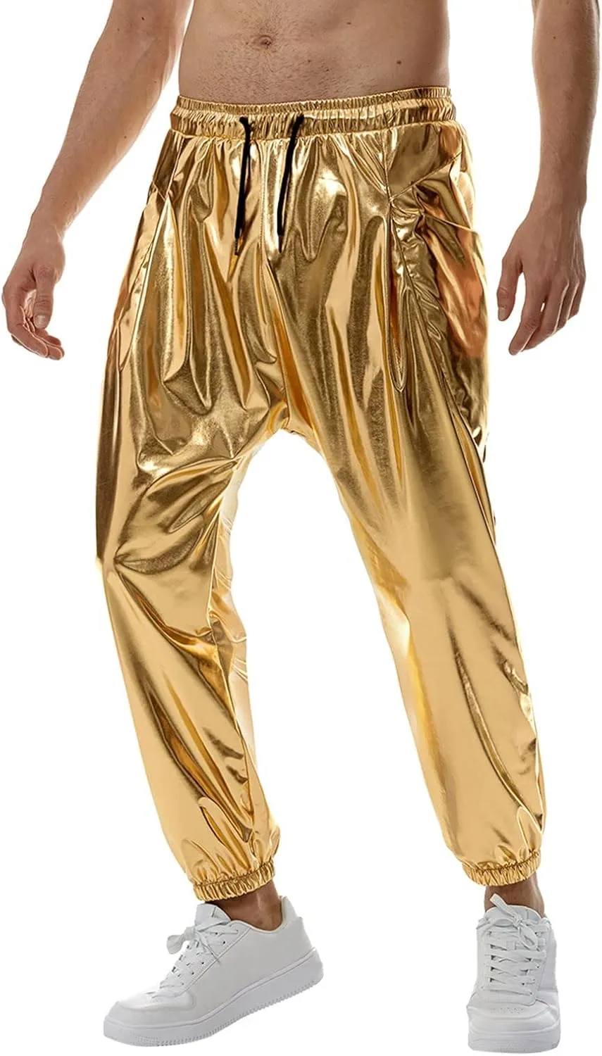 Men's Shiny Faux Leather Pants Drawstring Straight Leg Trousers Metallic Gold Disco Nightclub Pants with Pockets