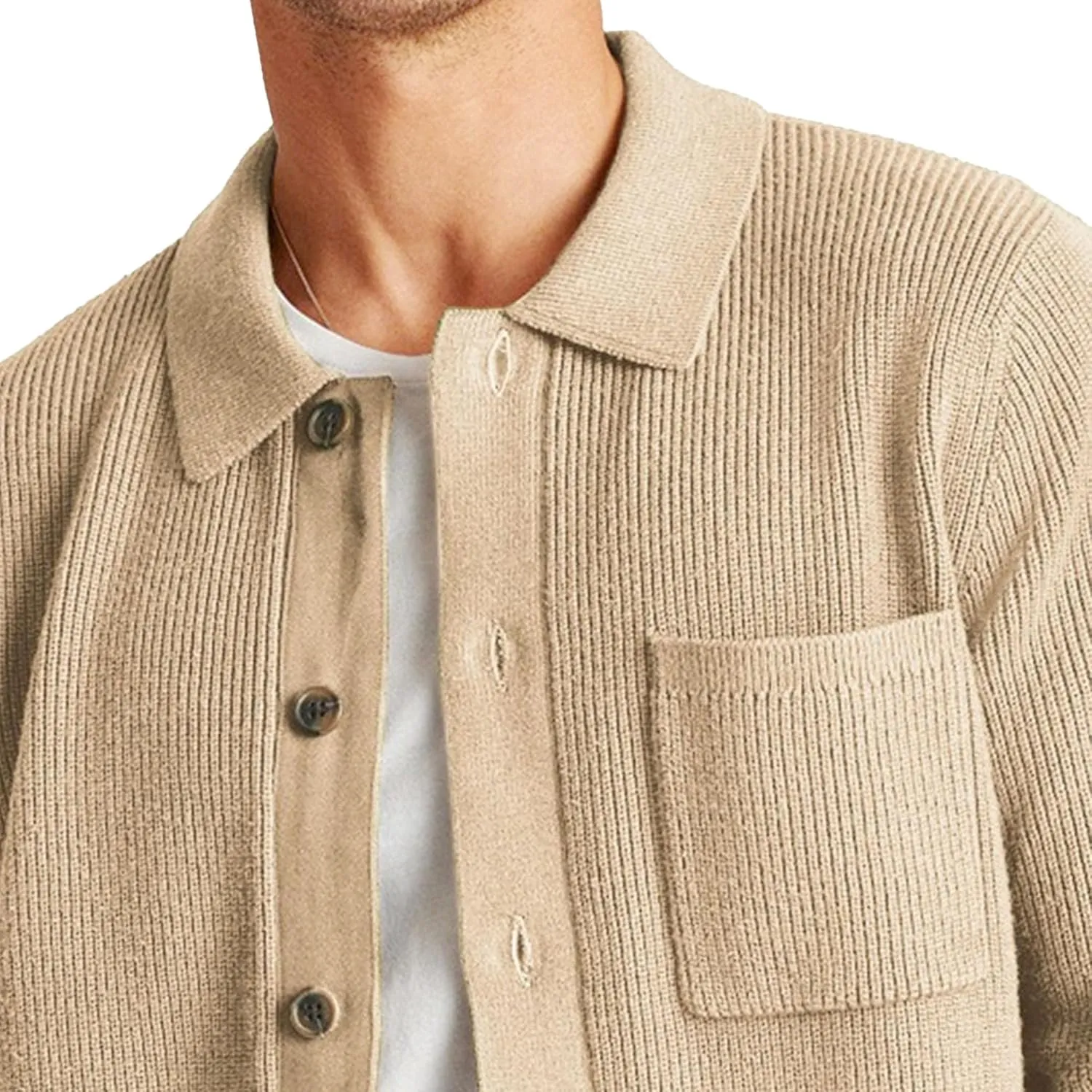 Men's Solid Color Button Down Cardigans Lapel Knitted Cardigan Long Sleeve Chunky Knit Multi-Pocket Open Sweater