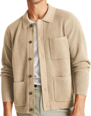 Men's Solid Color Button Down Cardigans Lapel Knitted Cardigan Long Sleeve Chunky Knit Multi-Pocket Open Sweater