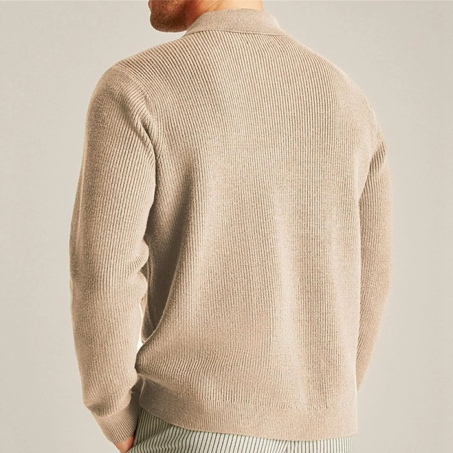 Men's Solid Color Button Down Cardigans Lapel Knitted Cardigan Long Sleeve Chunky Knit Multi-Pocket Open Sweater