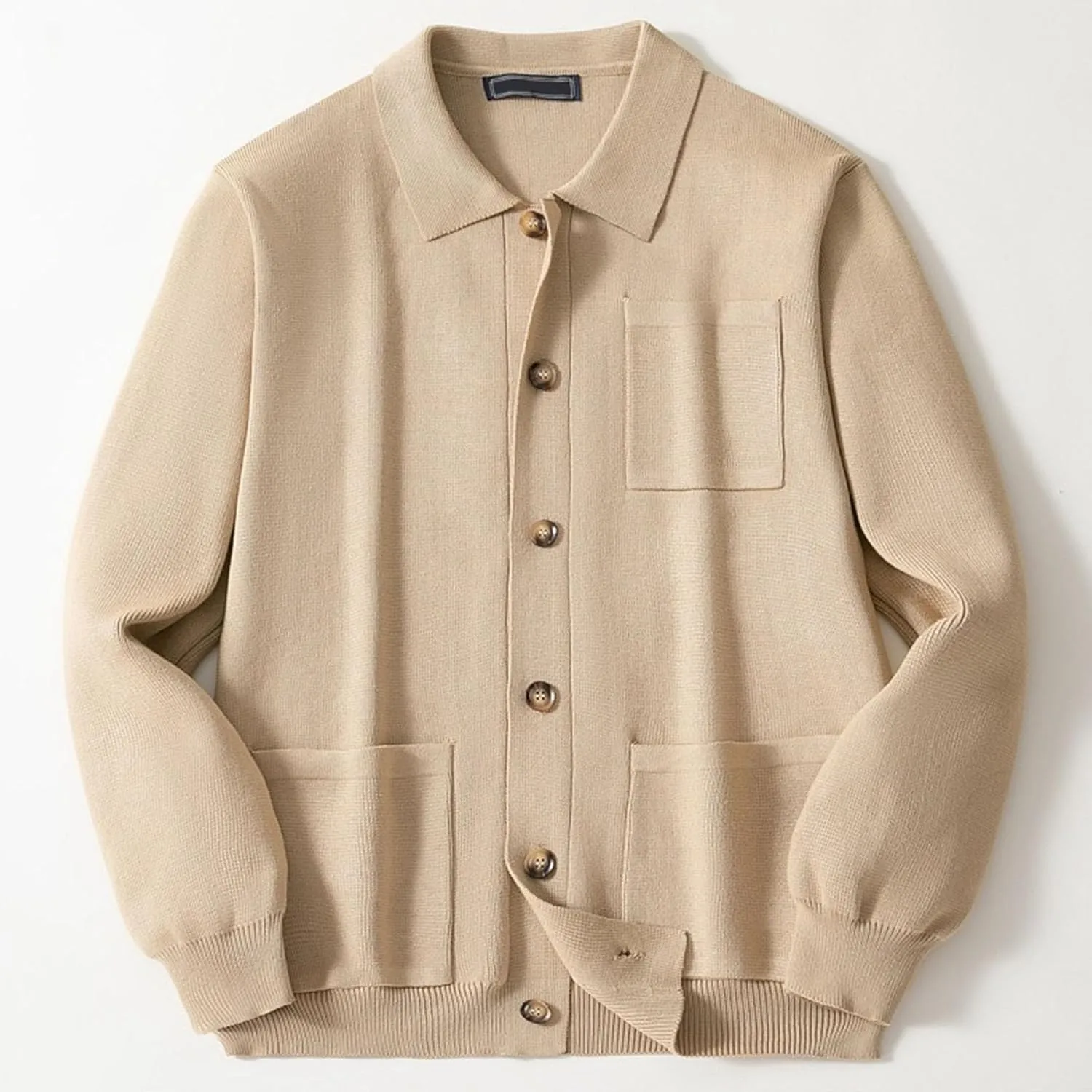 Men's Solid Color Button Down Cardigans Lapel Knitted Cardigan Long Sleeve Chunky Knit Multi-Pocket Open Sweater