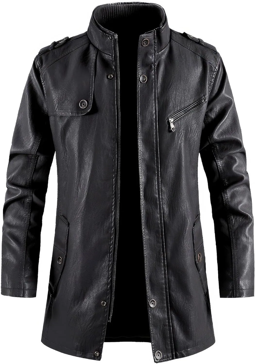 Men's Stand Collar Vintage Casual PU Outerwear Thick Moto Biker Zipper Long Genuine Leather Jackets