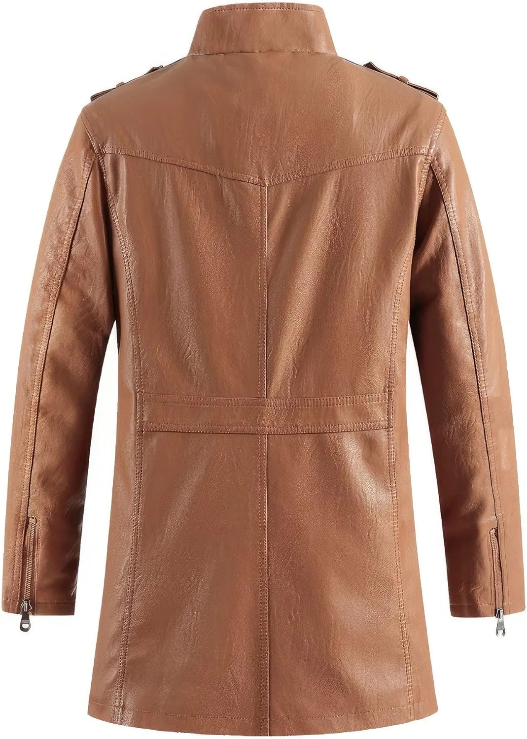 Men's Stand Collar Vintage Casual PU Outerwear Thick Moto Biker Zipper Long Genuine Leather Jackets