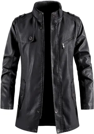 Men's Stand Collar Vintage Casual PU Outerwear Thick Moto Biker Zipper Long Genuine Leather Jackets