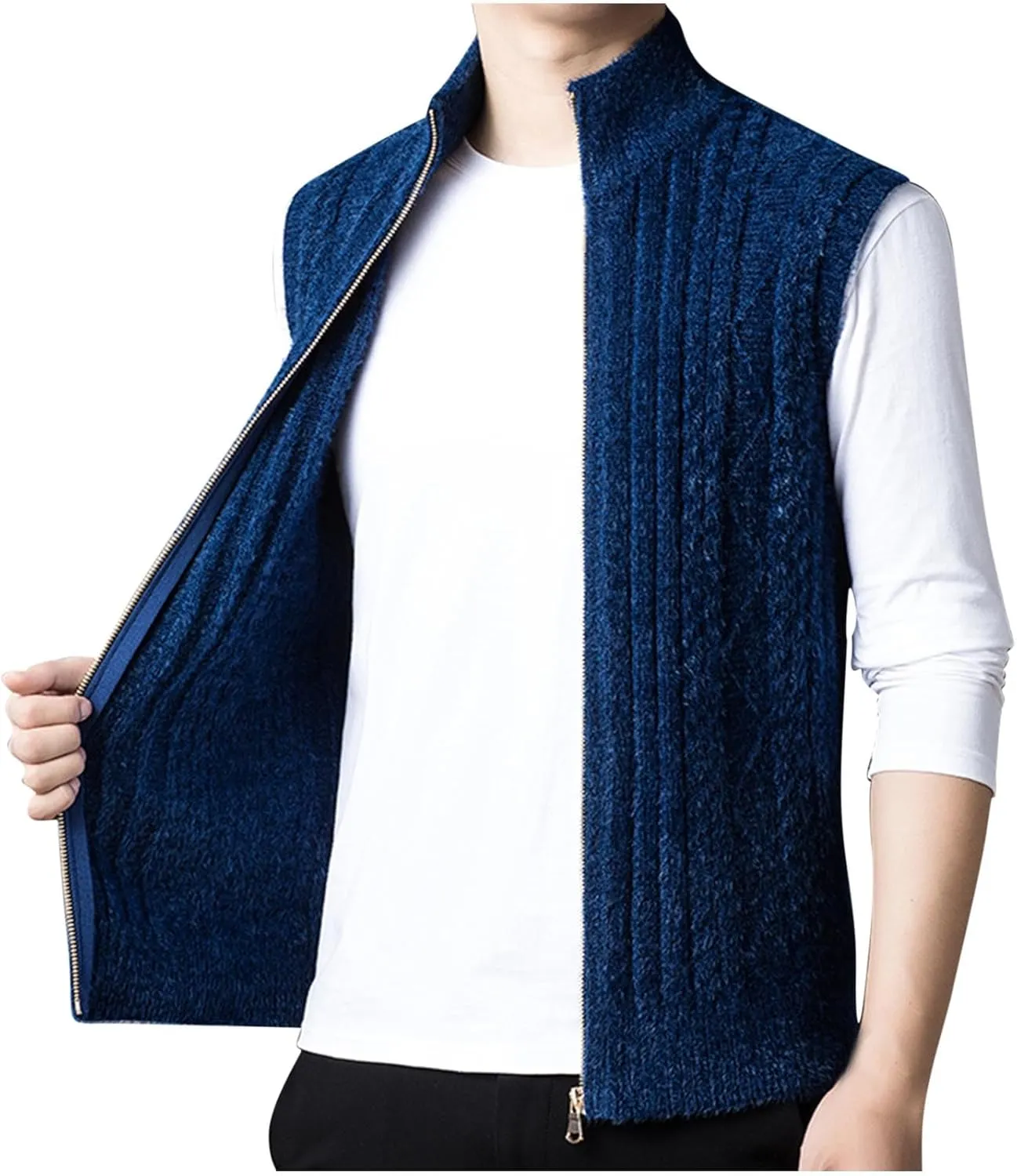 Mens Sweater Vest Chunky Knit Sleeveless Cardigan Sweaters Fashion Full Zipper Sports Vests Stand Collar Waistcoat