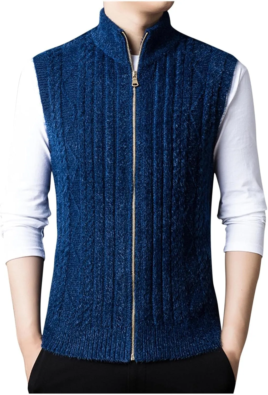 Mens Sweater Vest Chunky Knit Sleeveless Cardigan Sweaters Fashion Full Zipper Sports Vests Stand Collar Waistcoat